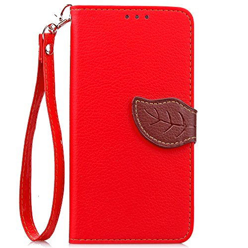 FLYEE Samsung Galaxy S7 Case Wallet Leaf Magnetic Snap Ultra Slim Lightweight PU Flip Cover with Wrist Strap for 5.1 Inch S7 Red