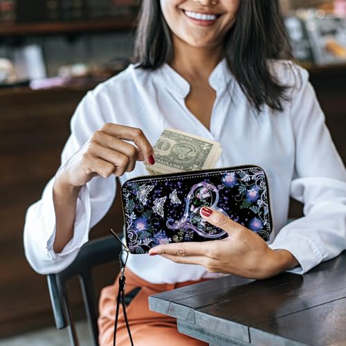 Image of Women's Wallets,Credit Card Holder Money Leather Long Wallet with Wristlet,Large Capacity with Zip-Around Phone Purse for Women Ladies Girls,Purple Butterfly Flower