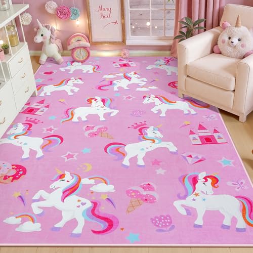 STARUIA Large 5x7 Area Rugs Washable Kids Rug for Girls Room Cute Unicorn Pink Rugs for Bedroom Women Soft Colorful Nursery Rug Baby Play Carpet for Kids Room Tent Princess Castle