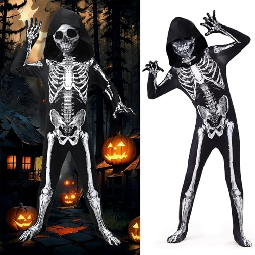 Axingqiwu Halloween Skelett Kostüm Kinder Overall Skelettkostüm für Jungen Mädchen Halloween Party Cosplay