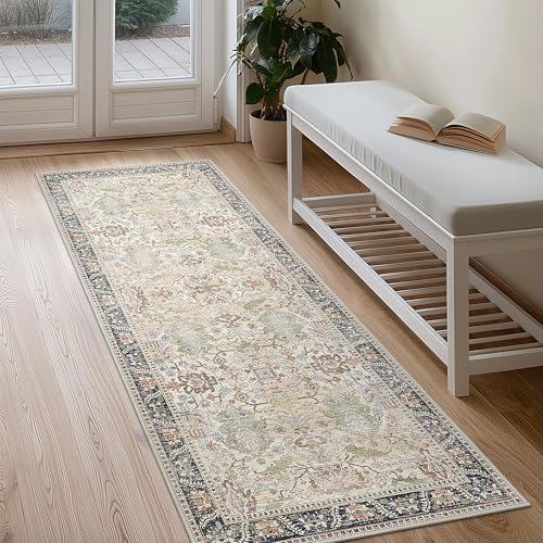Bavni Runner Rug Non Slip for Bathroom Kitchen Hallway 2x5 Washable Runner Boho Bedsied Rugs Floor Runner for Entryway Laundry, Soft Low Pile Rugf, Ivory/Teal