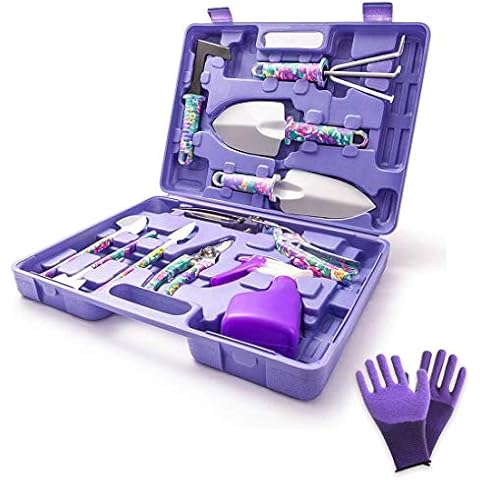 WISDOMLIFE Garden Tools Set, 11 Pieces Gardening Gifts with Purple Floral Print, Ergonomic Handle, Trowel, Rake, Shovels, Pruner, Shears, Sprayer, Gloves, Garden Hand Tools with Carrying Case Cover