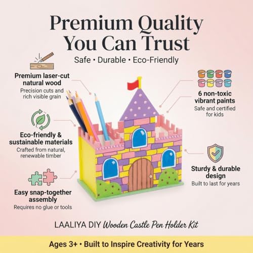 Image of DIY Wooden Castle Pen Holder Kit for Kids, Castle Craft Kit, Activity Kit, Paint Your Own Castle, DIY House Making Kit, Wooden Craft Set with Paints, Art & Craft Toy, Ages 3+, School Project