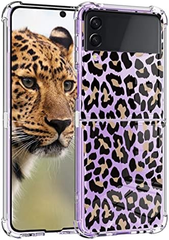 UZEUZA Compatible for Samsung Galaxy Z Flip 3 5G Case Clear Full Body Shockproof Protective Hard Bumper Folding Cover Slim Thin Leopard Print Design Wireless Charging Case for Galaxy Z Flip 3 2021
