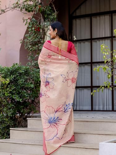 Image of SIRIL Women's Printed Cotton Linen One Minute Ready to Wear Saree With Unstitched Blouse Piece