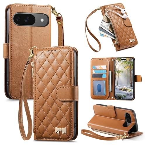 Housse Google Pixel 9A étui cuir marron avec fermeture magnétique