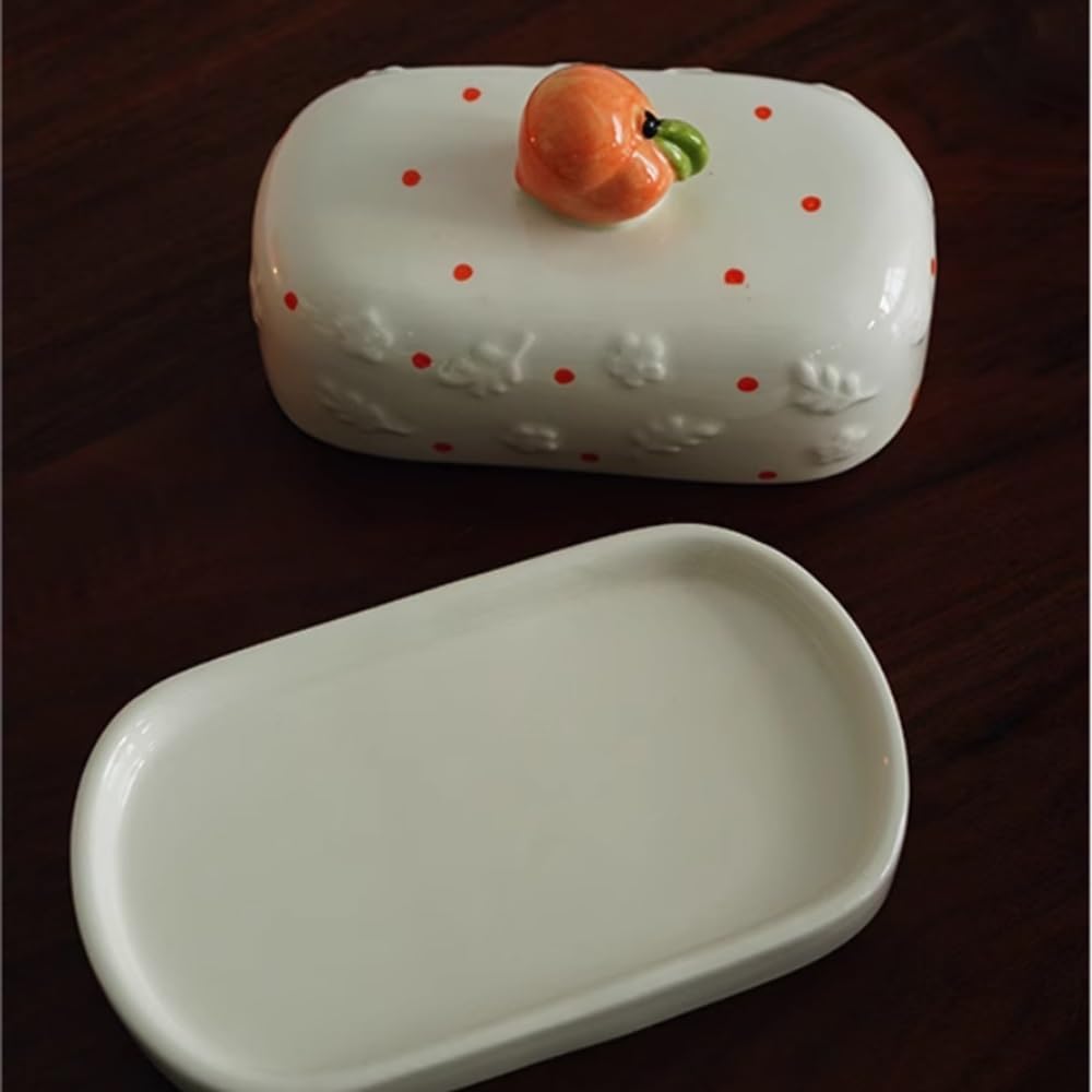 Contenedor Mantequera con Relieve Floral en Forma de melocotón y Tapa Mantequera Quesera para encimera