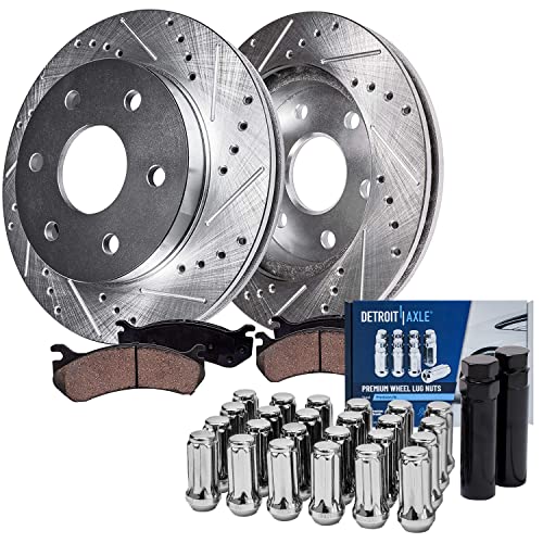 Image of Detroit Axle - Front Brake Kit for Yukon Silverado Sierra Suburban Express | Savana 1500 Drilled & Slotted Brake Rotors Ceramic Brake Pads 24pc Wheel Lug Nuts Replacement