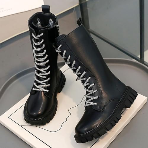 Girls' Goth Boots,Boys Girls Combat Boots Lace Up Side Zipper PU Leather Punk Booties Waterproof Mid Calf Riding Winter Boot for Toddler/Little Kid/Big Kid2