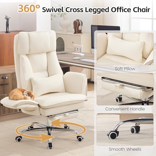 Image of Big and Tall Office Chair, Footrest & Flip Armrest for Pets, PU Beige | Executive Ergonomic Criss Cross Chair, Reclining High Back Desk Chair, Leather Swivel Computer Chair with Lumber Pillow