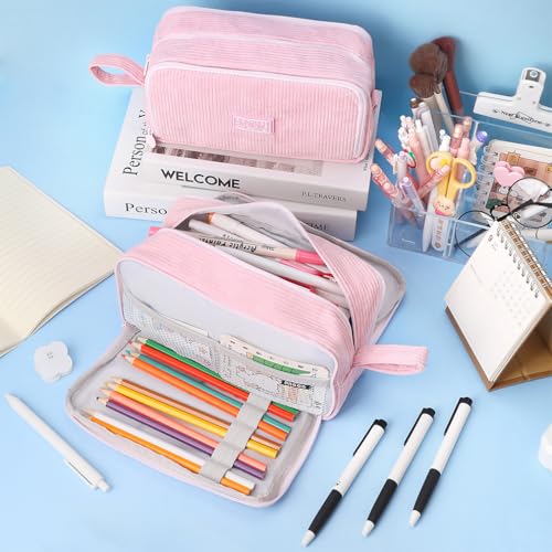 Image of iSuperb Big Capacity Corduroy Pencil Case 3 Compartments Pen Pouch Simple Organizer Bag Large Capacity Pencil Box for Adults (Pink)