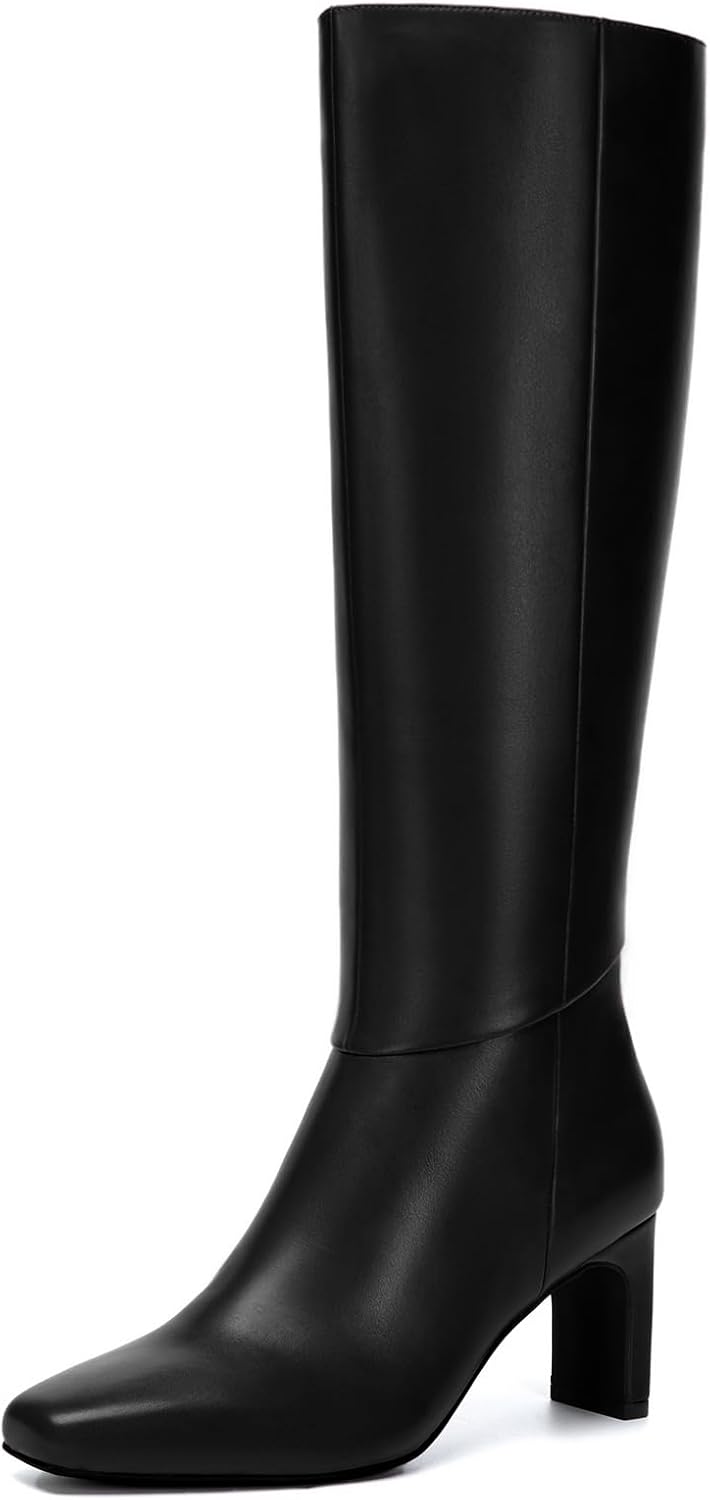 Athlefit Knee High Boots for Women Square Toe Chunky Heeled Tall Boots with Side Zipper