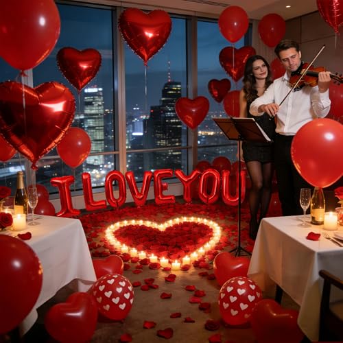 Image of 75 PCS Valentines Day Balloons with Red Heart Balloons and Printed Confetti Latex Balloons for Valentine's, Proposal, Wedding Party Romantic Decorations