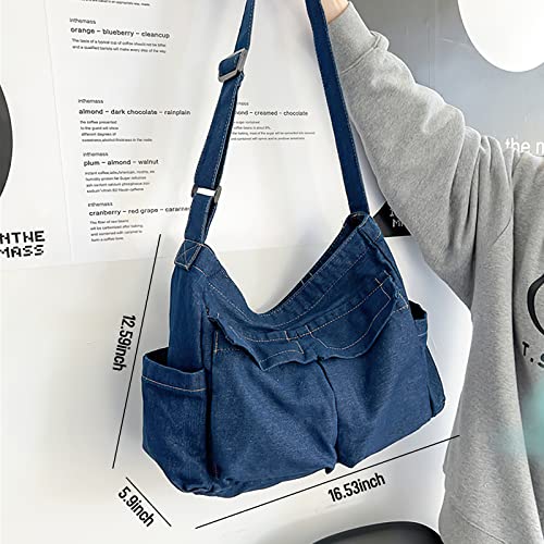 Image of LassZone Canvas Messenger Bag Large Crossbody Bag Hobo Shoulder Handbags Multi Pocket Denim Tote Bag for Women or Men