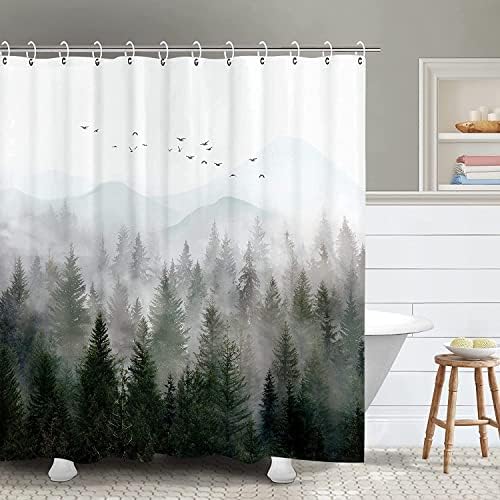 RosieLily Mountain Shower Curtain Misty Forest Tree Foggy Shower Curtain for Bathroom with Hooks Cool Nature Scenery Landscape Bathtub Decor 72 inch Design Art Shower Curtain Waterproof Fabric