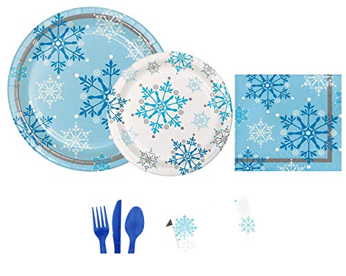 Christmas Disposable Dinnerware Bundle for 16 Guests: Blue and White Snowflake Swirls with Plates, Napkins, Plastic Cutlery and Place Cards