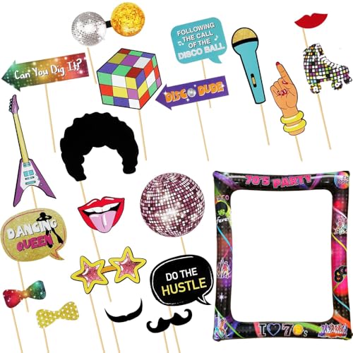 Accessoires pour photomaton disco des années 70 - Cadre photo gonflable - 21 pièces - Kit de photomaton disco - 20 tampons adhésifs, 20 bâtons - Accessoires de fête disco - Accessoires de fête des