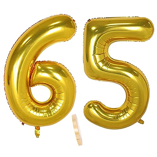 2 Ballons Numéro 65, Ballon 65 Ans Anniversaire Or XXXL 100cm Gold Géant Ballon Figurines Gonflable Hélium Feuille Chiffres Deco Pour Femme Homme La Décoration De Fête Mariage D'anniversaire