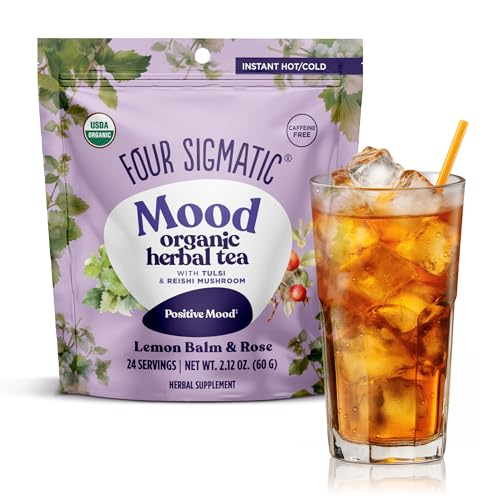 Four Sigmatic Mood Organic Herbal Tea | Enhance Emotional Well-Being with Tulsi & Reishi Tea | Calming Lemon Balm Tea w/Adaptogens | Vegan, Gluten-Free | Lemon Balm & Rose, 24 Servings