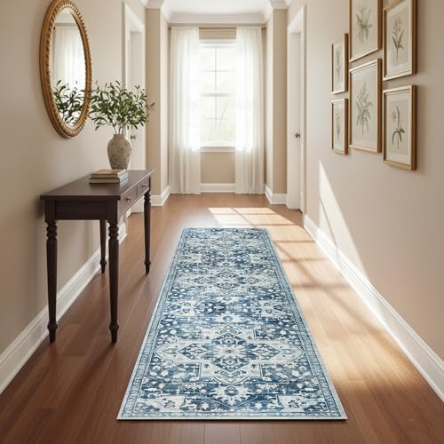 Hafaa Carpets Runner for Hallway 60x220 cm Traditional Pattern Bedroom Rugs – Non-Slip Washable Runners Rug for Kitchen Lundry Room Lounge (Tranquil)