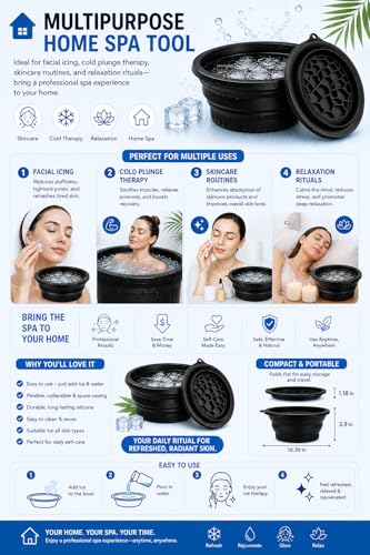 Image of ANTIL'S Silicone Ice Face Bowl with Built-in Ice Tray - Collapsible Facial Ice Bath Tub for Skin Tightening, Acne Relief & Cold Plunge Therapy - Portable Spa Tool for Home & Travel (Pack of 1) Black Color