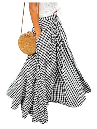 Verdusa Women's Gingham Plaid Ruffle Maxi Skirt High Waisted A Line Flowy Long Skirts