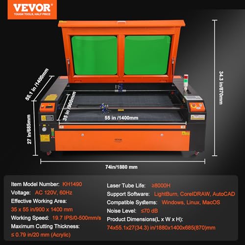 VEVOR 130W CO2 Laser Engraver, 35 x 55 in, 19.7 IPS Laser Cutter Machine with 2-Way Pass Air Assist, Compatible with LightBurn, CorelDRAW, AutoCAD, Windows, Mac OS, Linux, for Wood Acrylic Fabric More - Image 7