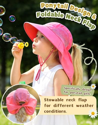 Image of Rosoz Kids Sun Hat with Neck Flap UV Protection Summer Toddler Beach Hat Unisex Ponytail Hat Wide Brim Fishing Hat