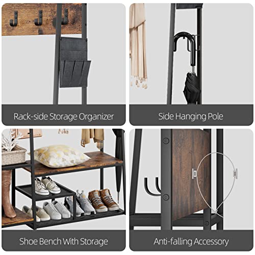 Amyove 71In Industrial 5-In-1 Large Hall Tree With Storage Bench, Coat Rack, 5-Tier Shelves, Fabric Storage Side Bag, Side Hooks, Wood Look Accent Furniture-Sturdy Metal Frame Organizer #TOP1