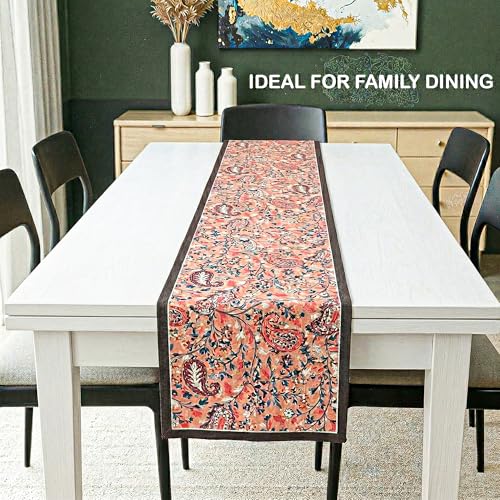 Image of Heart Home Velvet 13x72 Inch Table Runner for Home Decor | 6 Seater Dining Table Place Mat Elegant Soft Feel /Machine Washable | Pyramid 1237 - Peach & Green