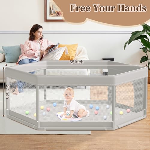 Image of Hiaksedt Large Baby Playpen 65x65 Inch, PlayPen for Babies and Toddlers Hexagonal Type Baby Play Yards for Indoor & Outdoor with Breathable Mesh Anti-Fall