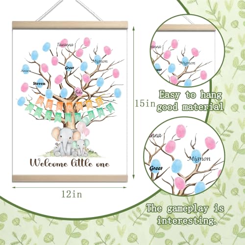 Image of QZCYU Gender Reveal Gifts Idea Party Fingerprint Decorations - Elephant Theme Canvas Decor - Woodland Baby Shower Guest Book (12x15in)