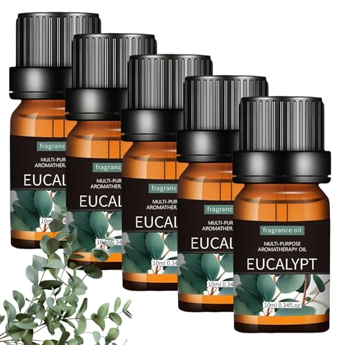 Aceite de eucalipto, aceite esencial de eucalipto 100% puro y natural con un aroma refrescante, para masajes, aromaterapia, difusores, quemadores de aceite, velas perfumadas y relajación, 5 x 10 ml