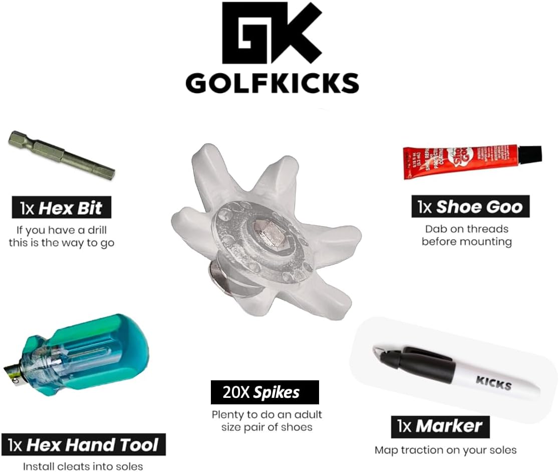 Golfkicks DIY Golf Cleats Kit Transform Sneakers into Golf Shoes Fun Gift Compatible with Flat Rubber Sole Shoes Includes 20 Golf Spikes and Mounting Tools