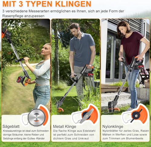 Akku Rasentrimmer mit Akku und Ladegerät,3-in-1 Elektrischer Akku Motorsense & Rasentrimmer Rasen mit 2X 4.0Ah Akku & Metall Messer & Teleskopstange, Akku Freischneider für... – Bild 6