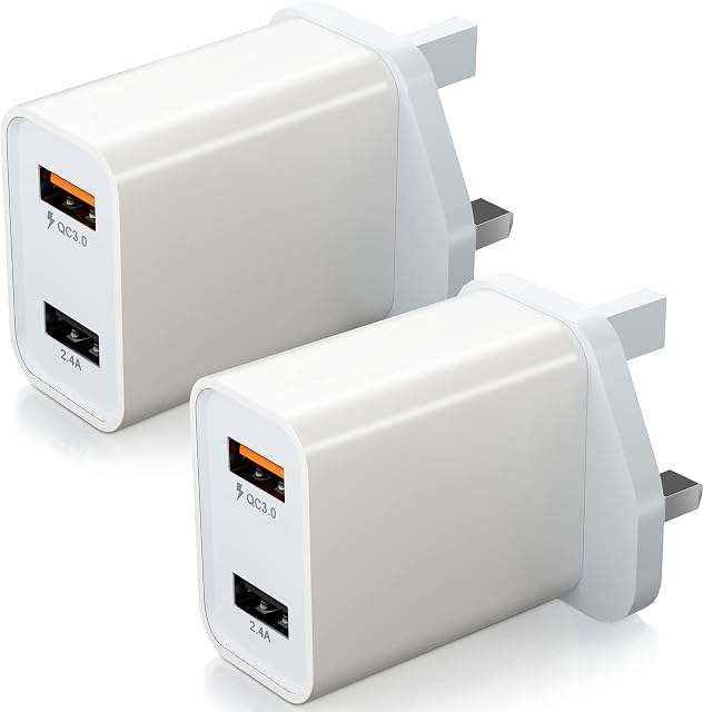 2 Pack Fast Charger Plug, 30W Quick 3.0 USB Plug Adaptor UK [QC 18W+ 2.4A 12W], Dual Port USB Charger Compatible with iPhone 12/11, Samsung Galaxy S22/S21/S10, Huawei, Sony, Google, LG (White)