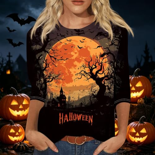 Image of Women Spooky Halloween Graphic Shirt 3 /4 Length Sleeve Crewneck Top | Halloween Funny Printed Pumpkin Plus Size Tshirts 2026 Fall Outfits Skeleton Tee Going Out Tops