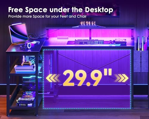 Image of ODK 40 Inch Gaming Desk with USB Power Outlets and LED Lights, Reversible L Shaped Computer Desk with Storage Shelves & Monitor Stand, Corner Home Office Desk Table, Carbon Fiber Surface, Black