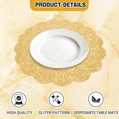 SMUAENSS 50 PCS Gold Glitter Paper Placemats, Paper Placemats Disposable, 13.5" Scalloped Sparkling Placemat, for Birthday Summer Wedding Holiday Party Home Dining Tableware by SMUAENSS - Image 3
