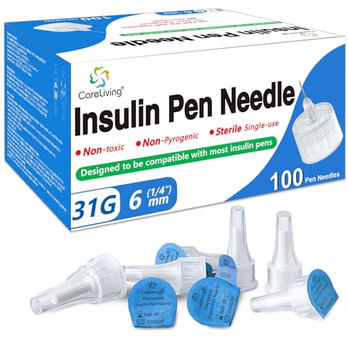 CareLiving Insulin Pen Needle 31G 6 mm (1/4) 100 Count Universal Fit Compatible with Most Pen Injector Device Ultra-Thin for Comfortable Insulin Injection