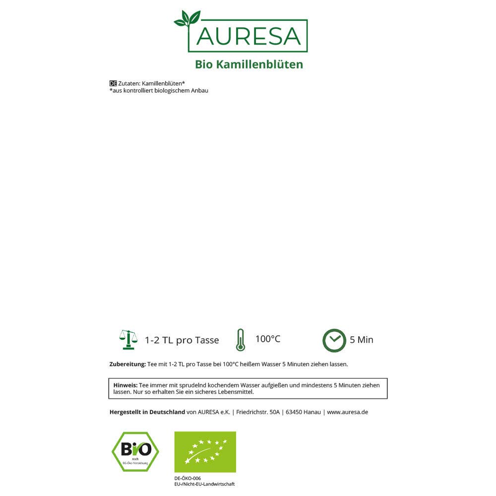 AURESA Bio Kräutertee Kamillenblüten | Frisch-würziger Geschmack | Ganze Kamille aus kontrolliert biologischem Anbau