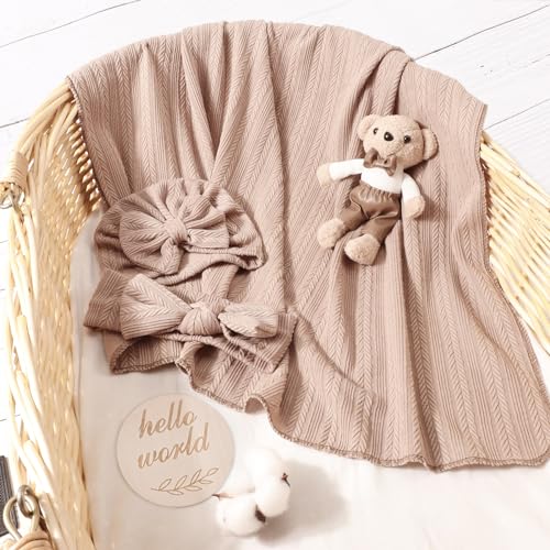 Image of DRESHOW BQUBO Baby Swaddle Blankets for Girls, 4PCS Newborn Accessories Set with Matching Hat and Bow Headband with Hello World Wooden Birth Announcement Card