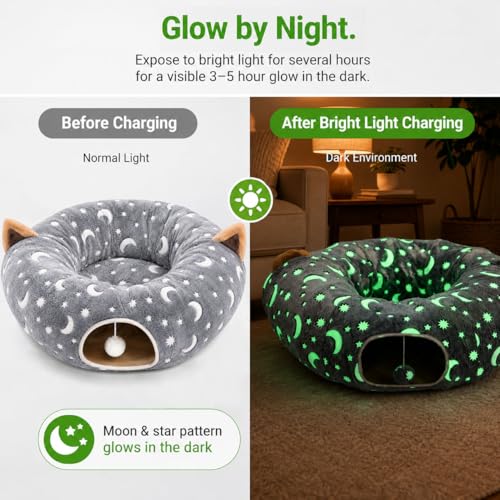 Image of Cat Tunnel Bed Under Christmas Tree with Plush Ball Toy Playground Crinkle Collapsible Self-Luminous Flannel Fabric 3FT for Large Cats Kittens Kitty Small Animals Puppy Grey Moon Star