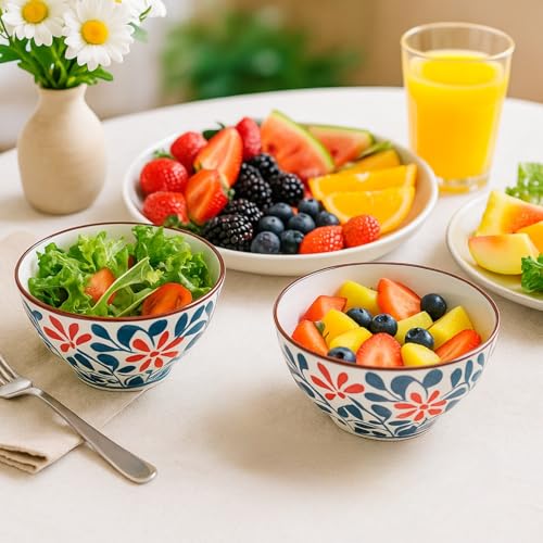 Image of YELONA Japanese Style Ceramic Bowls - 4.8 Inch (300ml), Set of 2 - Floral Design Rice /Noodle Bowls - Microwave & Dishwasher Safe, Ideal for Gifting Choice