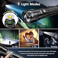 GEARLITE Taschenlampe LED Aufladbar, XHP70.2 Extrem Hell Led Taschenlampen, 6000Lumens, 3 Modi, LCD Display, Taktische Zoombares, IP65 Wasserdichte Flashlight für Camping Wandern, Notfäll (1 Stück) – Ansicht 3