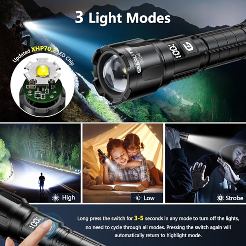 GEARLITE Taschenlampe LED Aufladbar 2Stück, 3 Lichtmodi 6000LM Superhelle Zoombares Taschenlampen mit LCD Batterie Display, IP65 Wasserdichte & XHP70.2 Taktische Handlampe für Camping Wandern, Notfäll