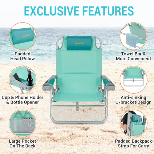 #WEJOY Beach Chair with Backpack Straps, Heavy Duty Backpack Beach Chairs for Adults with 5 Positions, Lay Flat Chair with with Cup Holder Pillow, Support to 300LBS, Cyan