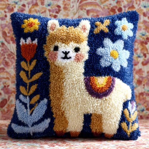 ANSIWEIGO DIY Knüpfkissen Latch Hook Kit,Selbstgestaltetes Kissen Knüpfen Knüpfen für Kinder und Erwachsene,43x43 cm,mit Wolle & Werkzeug,Wohndeko,Relax& Kreativität t,Cartoon-alpaca