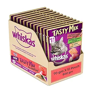 Whiskas Tasty Mix, Adult (1+ Years) Wet Cat Food with Real Fish, Seafood Cocktail Wakame Seaweed in Gravy Flavour, 12 x 70 g Pouches