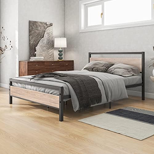 BOFENG Black Full Size Bed Frame with Wood headboard,Rustic Metal Platform Bed Frames Full,Industrial Bed Frame with Storage No Box Spring Needed,Mattress Platform with Steel Slat Support,Oak Color